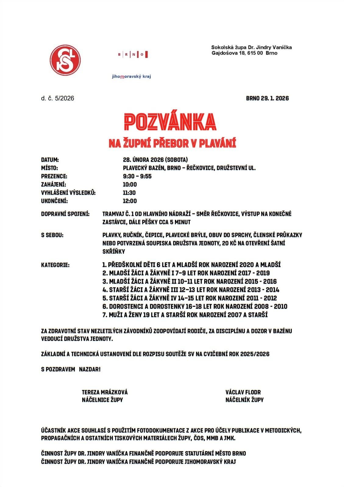 sokol královo pole pozvánka na župní přebor v plavání 2026